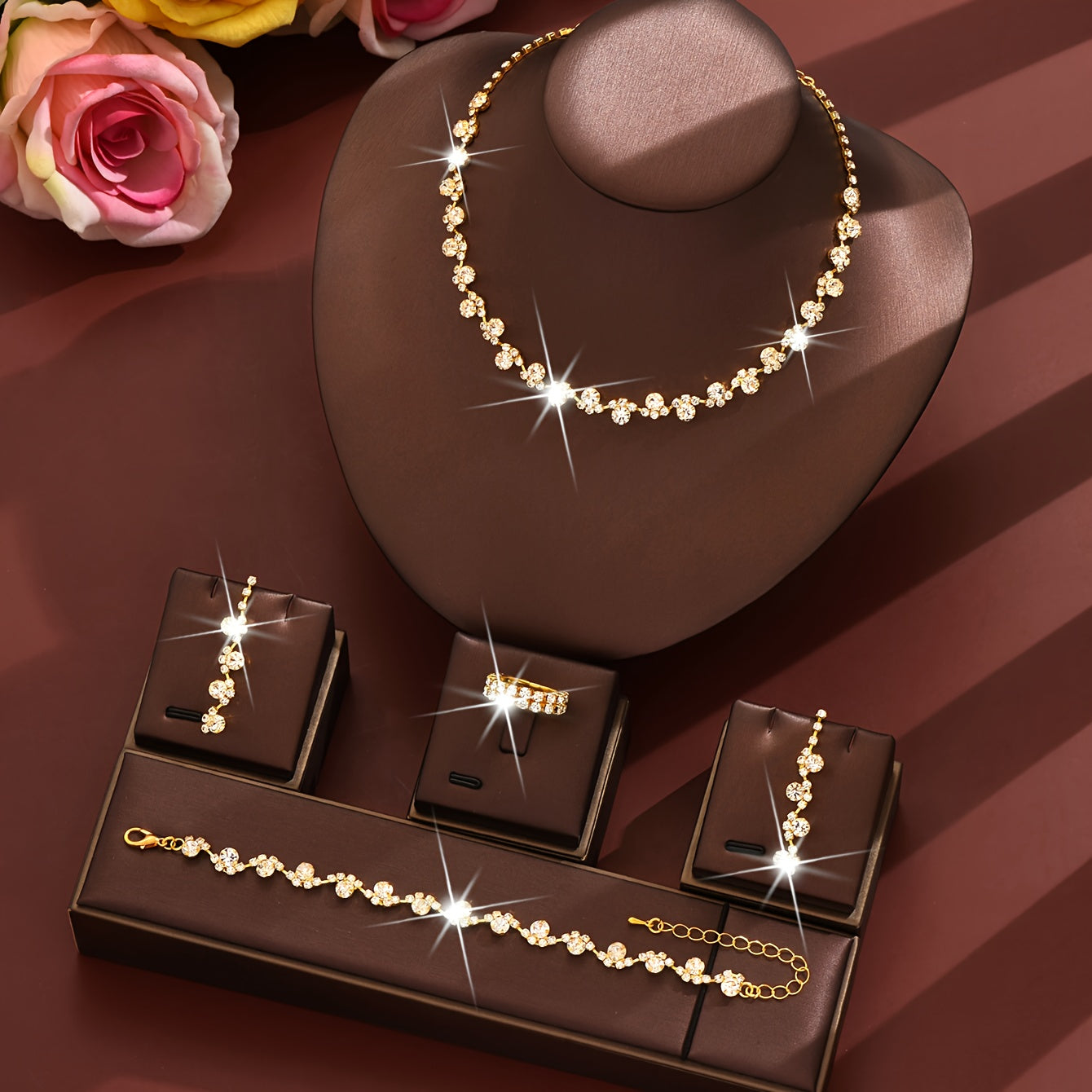 A Stylish And Elegant Wedding Jewelry Set, Including a Necklace, Earrings, Bracelet, And Ring, Perfect for Women'S Weddings, Parties, Dinners, Balls, And Gatherings, Featuring Sparkling And Luxurious Design.