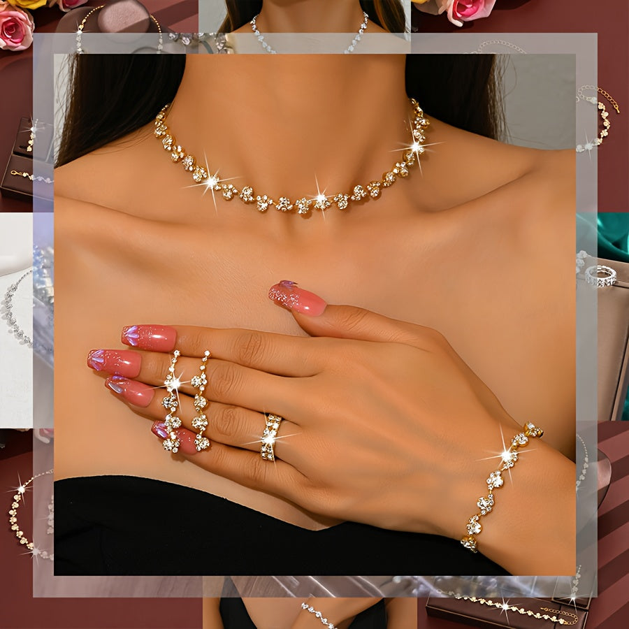 A Stylish And Elegant Wedding Jewelry Set, Including a Necklace, Earrings, Bracelet, And Ring, Perfect for Women'S Weddings, Parties, Dinners, Balls, And Gatherings, Featuring Sparkling And Luxurious Design.