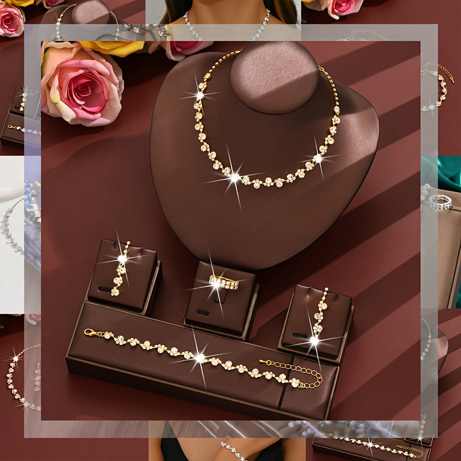 A Stylish And Elegant Wedding Jewelry Set, Including a Necklace, Earrings, Bracelet, And Ring, Perfect for Women'S Weddings, Parties, Dinners, Balls, And Gatherings, Featuring Sparkling And Luxurious Design.