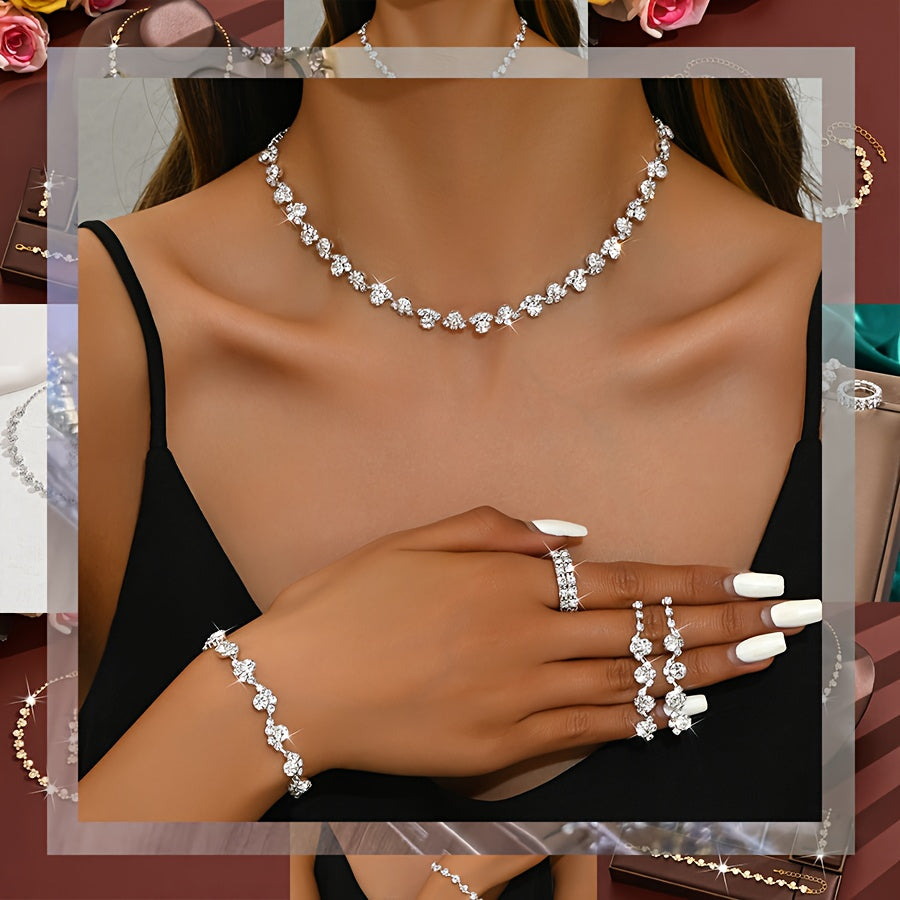 A Stylish And Elegant Wedding Jewelry Set, Including a Necklace, Earrings, Bracelet, And Ring, Perfect for Women'S Weddings, Parties, Dinners, Balls, And Gatherings, Featuring Sparkling And Luxurious Design.