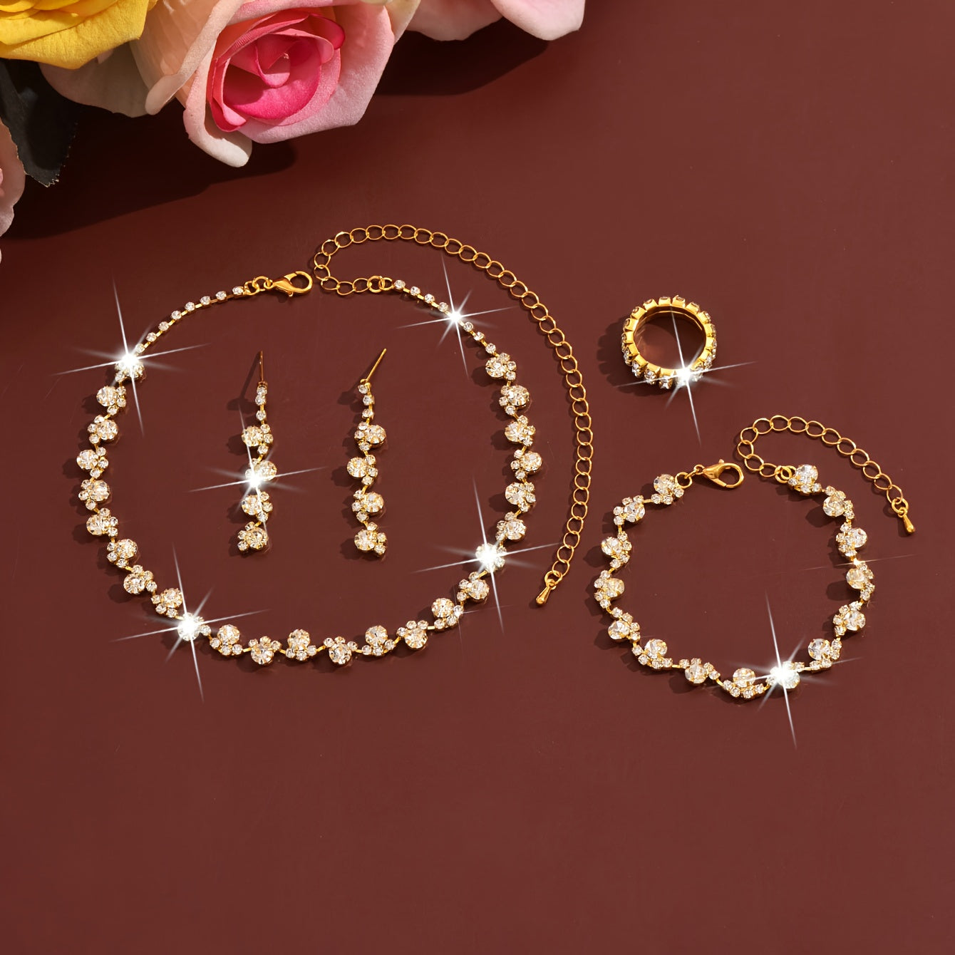 A Stylish And Elegant Wedding Jewelry Set, Including a Necklace, Earrings, Bracelet, And Ring, Perfect for Women'S Weddings, Parties, Dinners, Balls, And Gatherings, Featuring Sparkling And Luxurious Design.